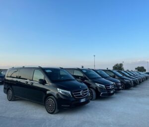 A lineup of 15 Mercedes vans parked in a row, showcasing their design and branding.